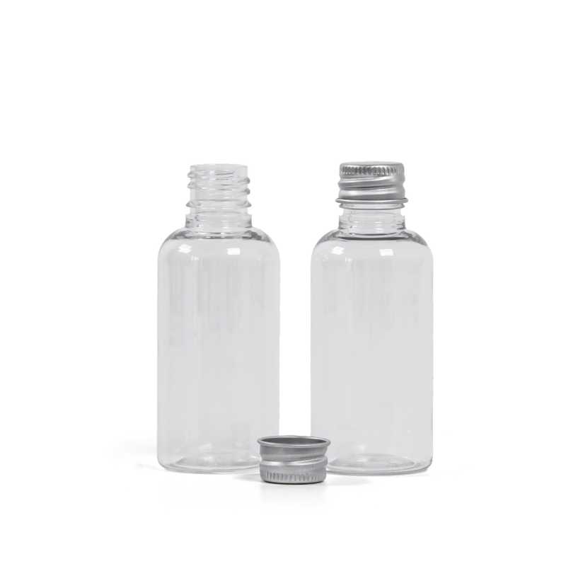 Műanyag flakon, átlátszó, ezüst alumínium kupak, 50 ml