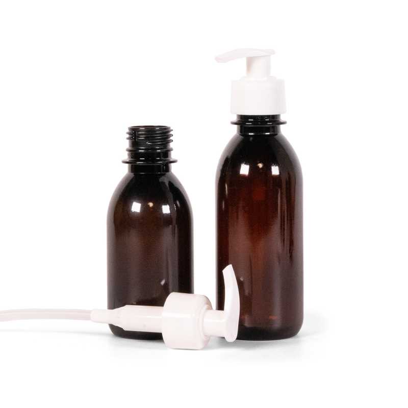 Barna műanyag palack fehér pumpával, 200 ml