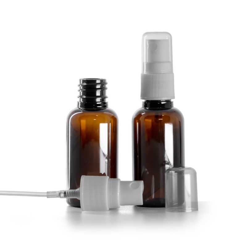 Borostyánsárga műanyag palack, fehér permetezőfej műanyag palackhoz, 30 ml