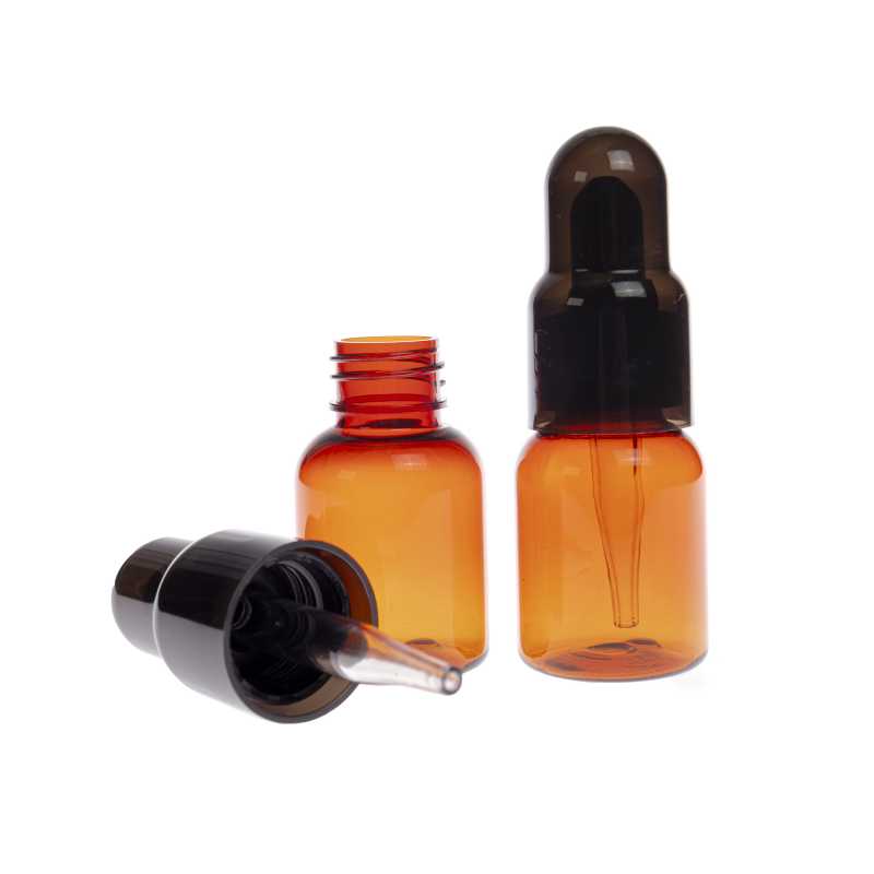 Barna PET műanyag palack 25 ml pipettával és fekete kupakkal