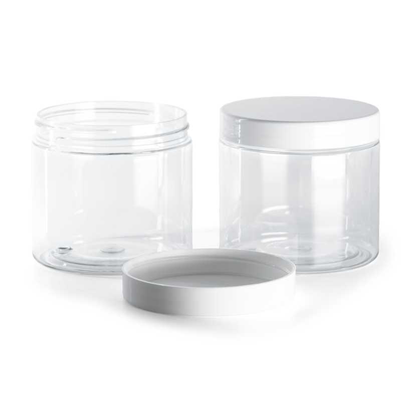 Átlátszó műanyag tégely fehér kupakkal 200 ml