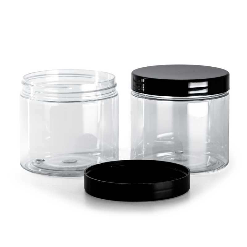 Átlátszó műanyag tégely fekete kupakkal 200 ml