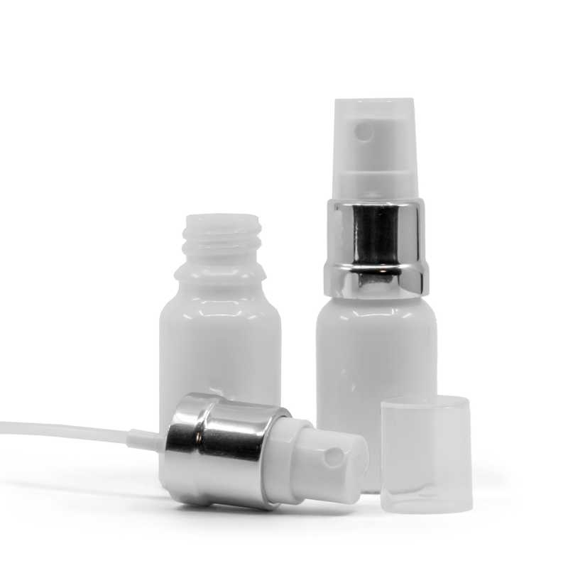 Fehér üvegpalack fehér-ezüst permetezővel 10 ml