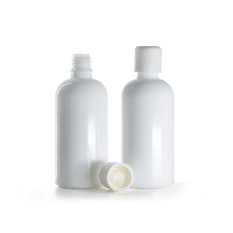 Fehér üvegpalack, fehér biztonsági kupak cseppentővel, 100 ml