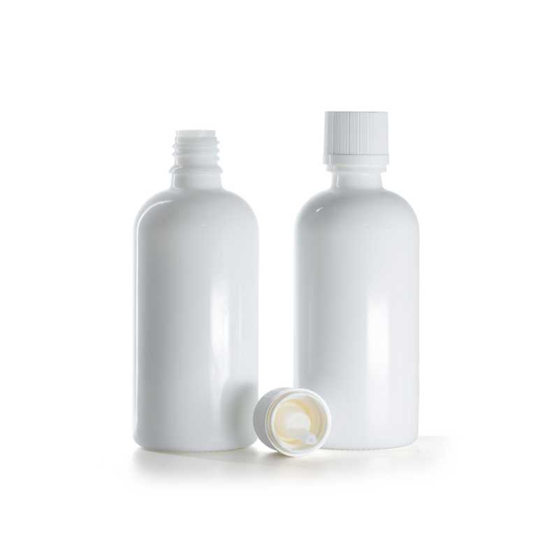 Fehér üvegpalack, fehér, garanciazáras cseppentős kupak, 100 ml