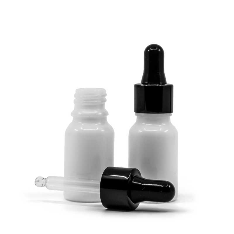 Fehér üvegpalack, fényes fekete cseppentő, 10 ml