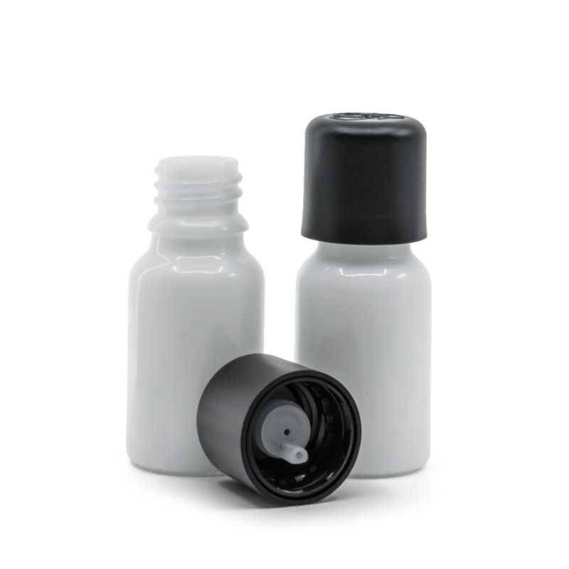 Fehér üvegpalack 10 ml, fekete garanciazáras cseppentős kupakkal