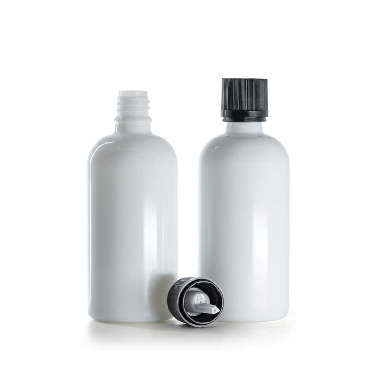 Fehér üvegpalack, fekete biztonsági kupak cseppentőbetéttel, 100 ml