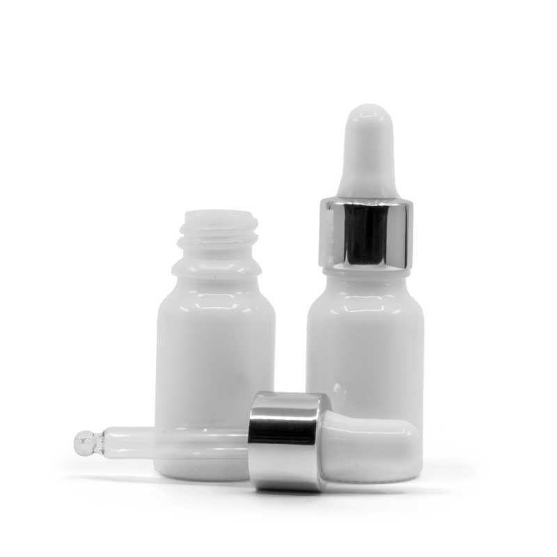 Fehér üvegpalack ezüst pipettás kupakkal, 10 ml