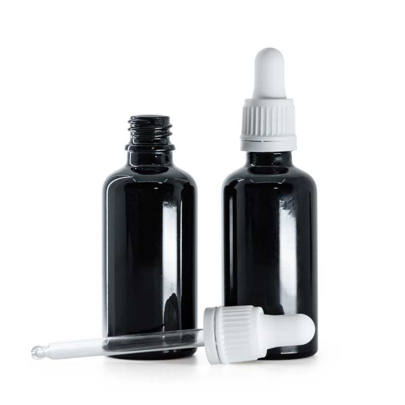 Fekete fényes üvegpalack fehér pipettával 50 ml