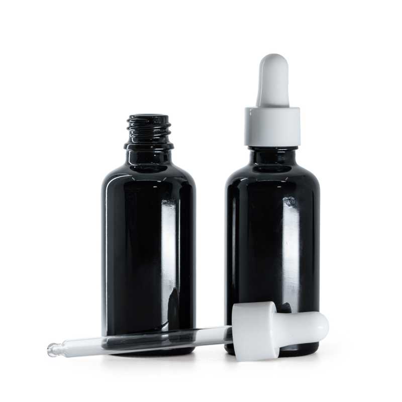 Fekete fényes üvegpalack, fehér fényes cseppentő, 50 ml