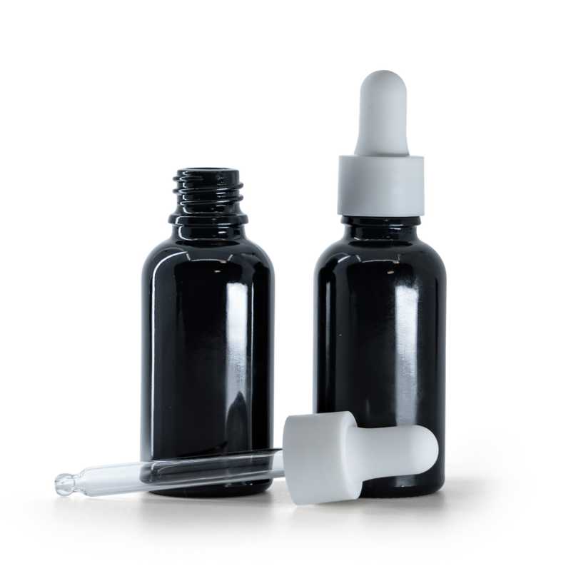Fényes fekete üvegpalack fehér matt sima pipettával 30 ml