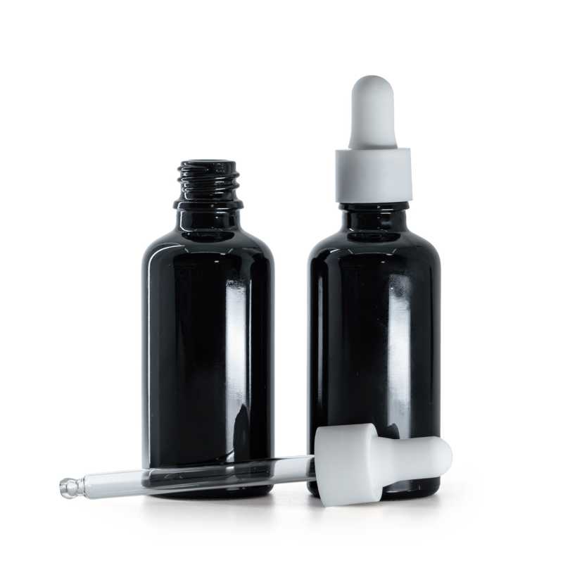 Fényes fekete üvegpalack, fehér matt sima cseppentő, 50 ml