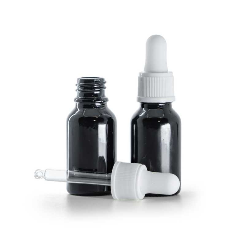 Fényes fekete üvegpalack matt fehér cseppentővel 15 ml