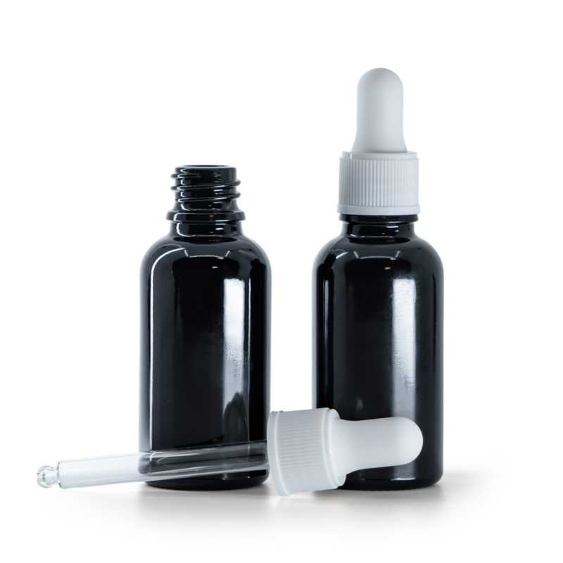 Üvegpalack, fényes fekete, matt fehér cseppentő, 30 ml