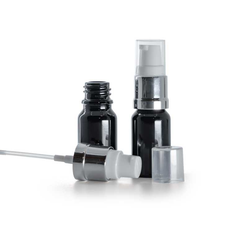Fekete fényes üvegpalack, fényes ezüst-fehér adagoló, 10 ml