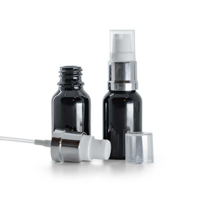 Fekete, fényes üvegpalack, fényes fehér-ezüst adagoló, 15 ml