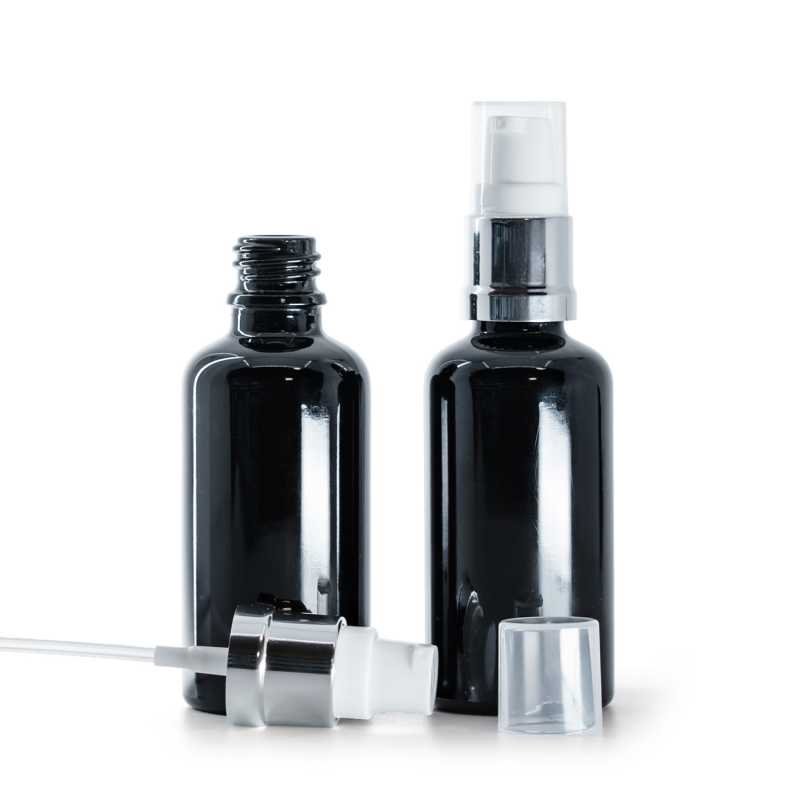 Fekete, fényes üvegpalack, fényes fehér-ezüst adagoló, 50 ml