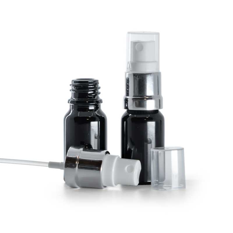 Fekete fényes üvegpalack fehér-ezüst permetezőfejjel 10 ml