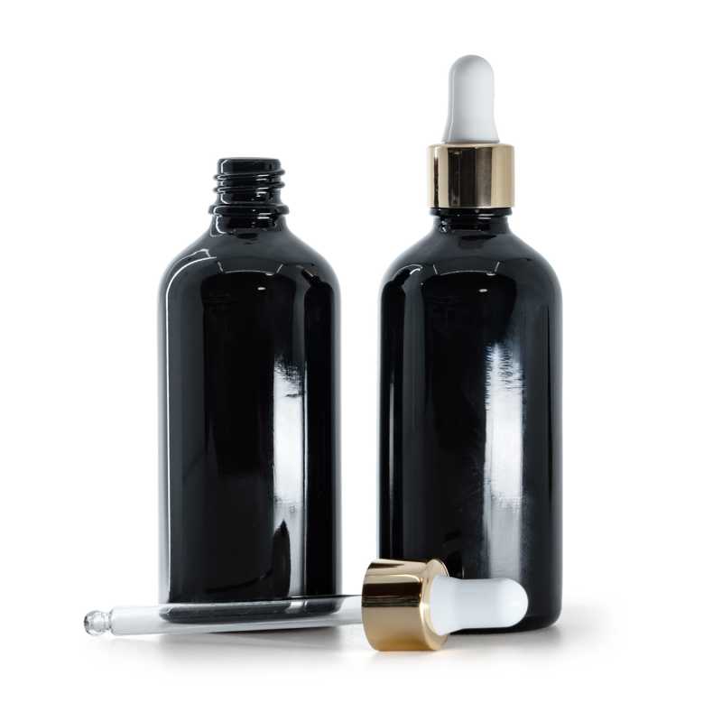 Fekete fényes üvegpalack, fehér–arany cseppentő, 100 ml