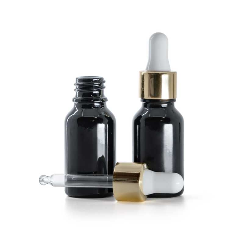 Fényes fekete üvegpalack fehér-arany pipettás kupakkal 15 ml