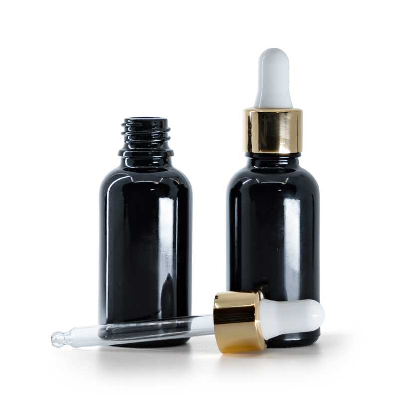 Fekete fényes üvegpalack fehér-arany pipettás kupakkal 30 ml