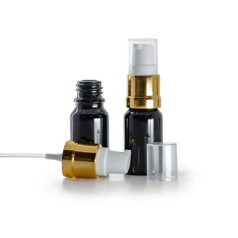 Fekete fényes üvegpalack fényes fehér-arany adagolóval, 10 ml