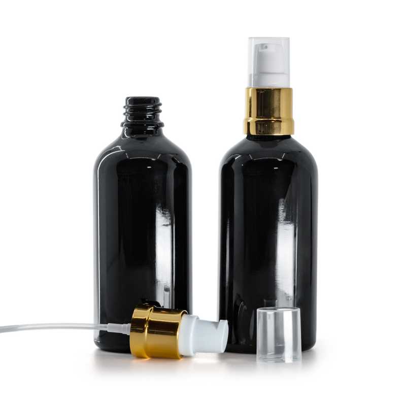 Fényes fekete üvegpalack fehér‑arany fényes adagolófejjel, 100 ml