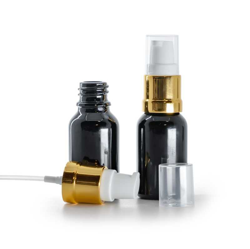Fekete fényes üvegpalack, fényes fehér-arany adagoló, 15 ml