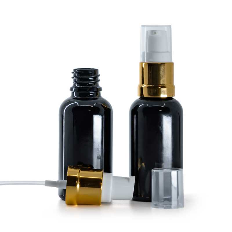 Fényes fekete üvegpalack fehér-arany fényes adagolófejjel 30 ml