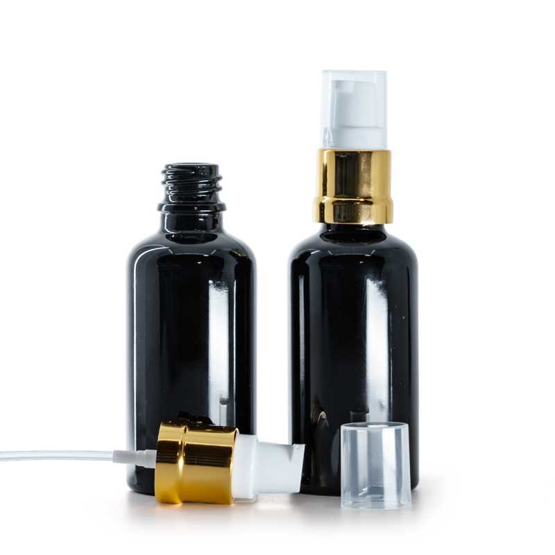 Fekete fényes üvegpalack, fehér-arany fényes pumpa, 50 ml