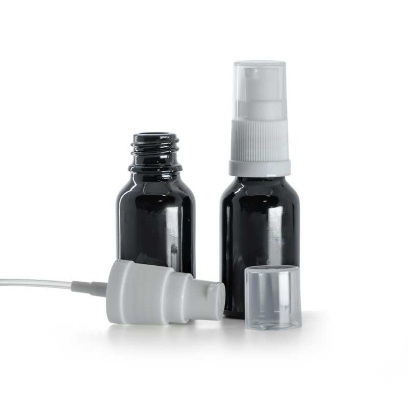 Fekete fényes üvegpalack fehér adagolófejjel, 15 ml