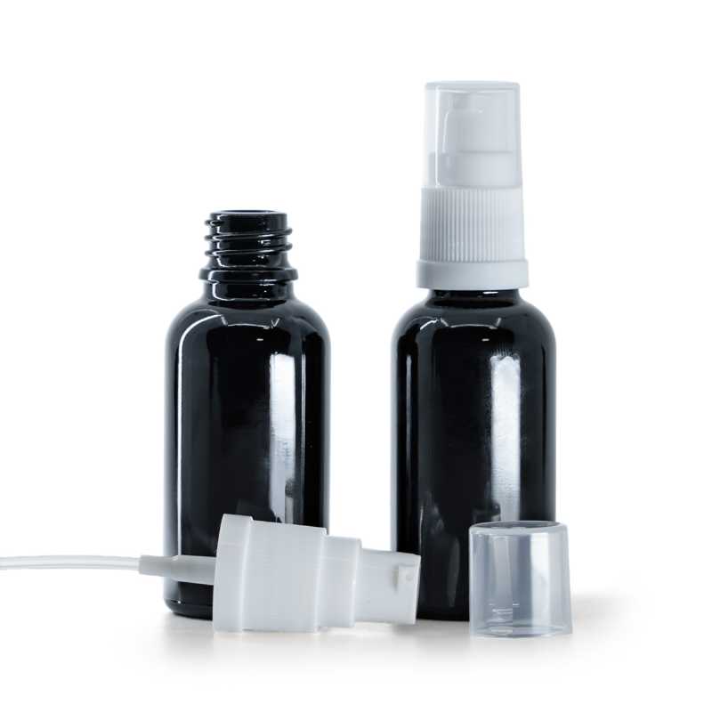 Fekete fényes üvegpalack fehér adagolóval 30 ml