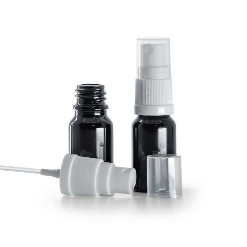 Fényes fekete üvegpalack fehér permetezőfejjel 10 ml