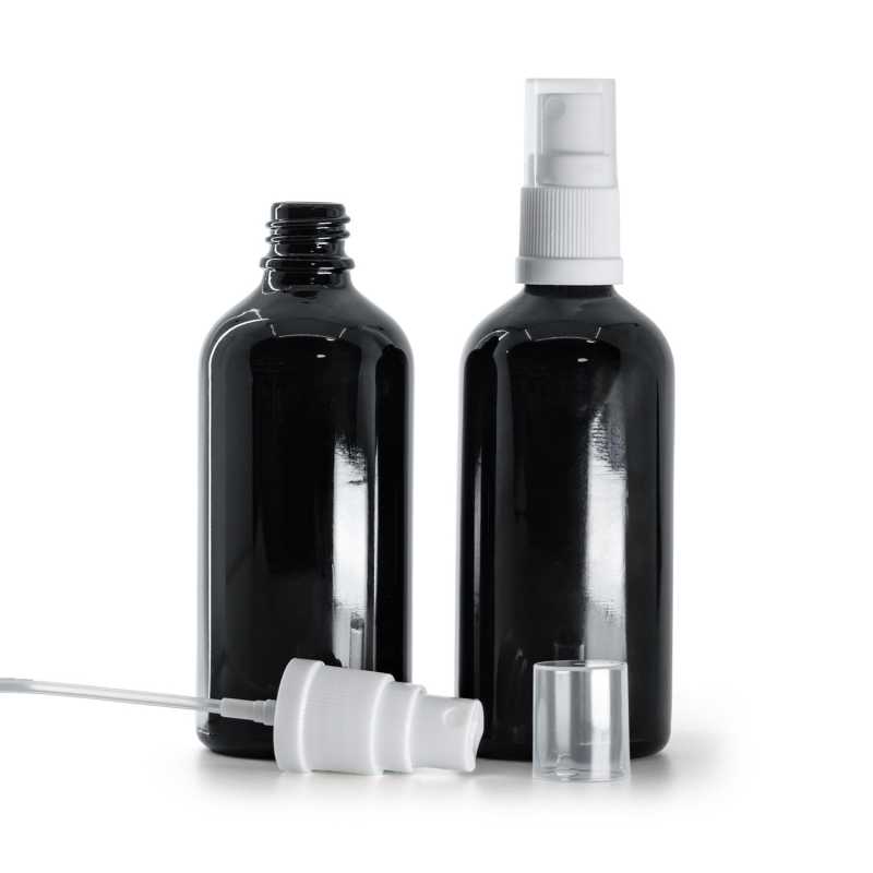 Fekete fényes üvegpalack fehér permetezővel, 100 ml