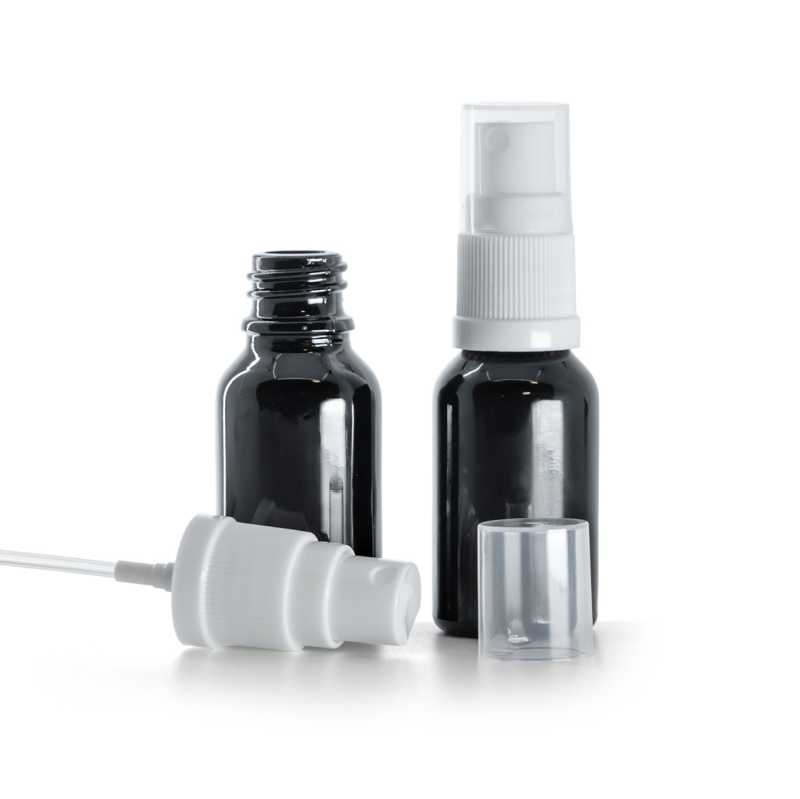Fényes fekete üvegpalack fehér permetezőfejjel 15 ml