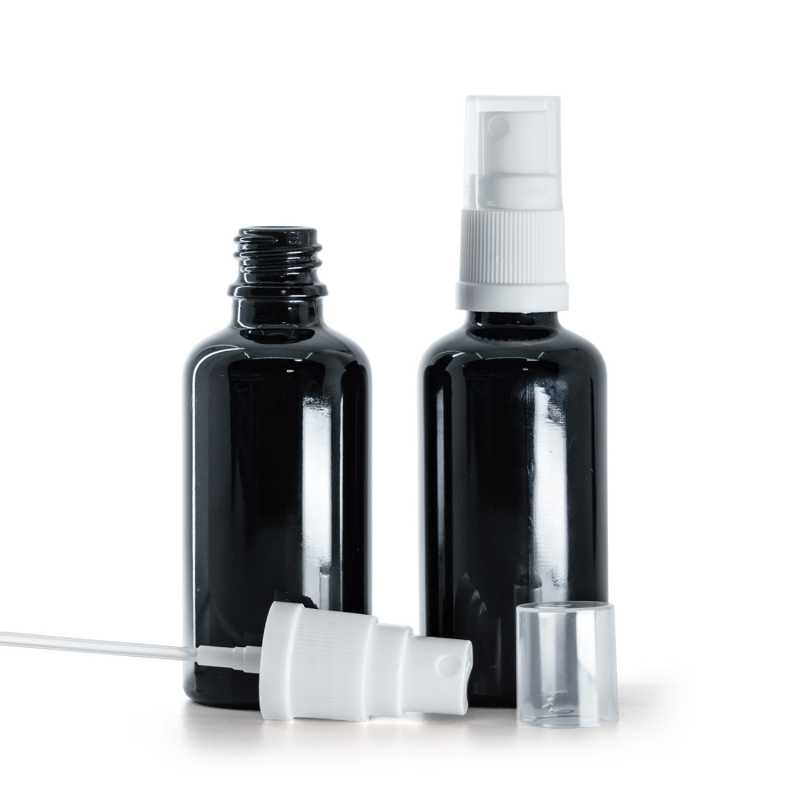 Fényes fekete üvegpalack fehér permetezőfejjel 50 ml
