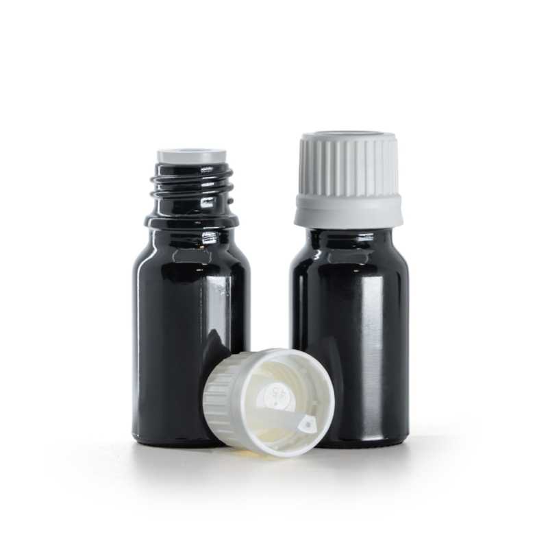 Fényes fekete üvegpalack, fehér garanciazáras kupak pipettával, 10 ml