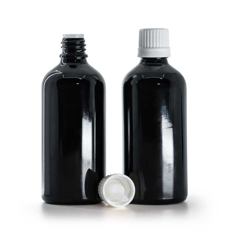 Fekete, fényes üvegpalack fehér, manipulatívzáras cseppentős kupakkal 100 ml