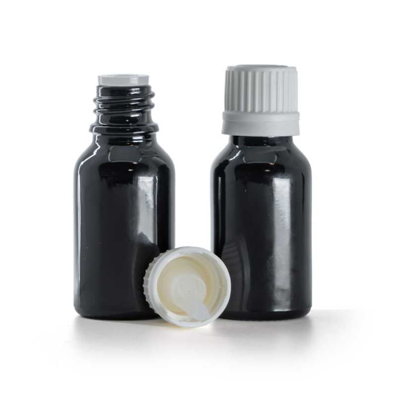 Fényes fekete üvegpalack, fehér garanciazáras cseppentős kupakkal, 15 ml