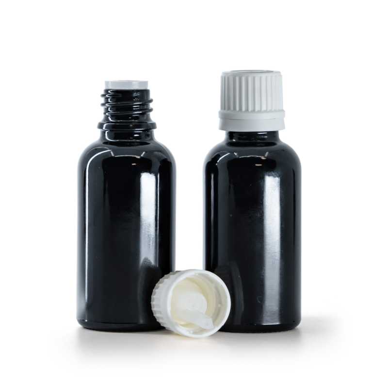 Fényes fekete üvegpalack, fehér garanciazáras pipettás kupak, 30 ml