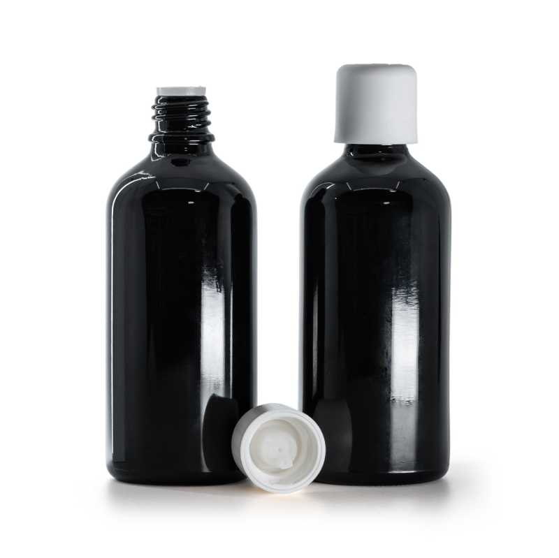 Fényes fekete üvegpalack, fehér biztonsági kupak pipettával, 100 ml