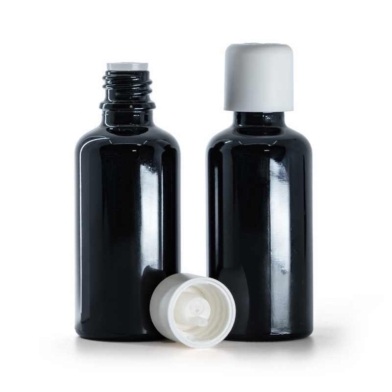 Fényes fekete üvegpalack fehér biztonsági kupakkal és cseppentővel, 50 ml