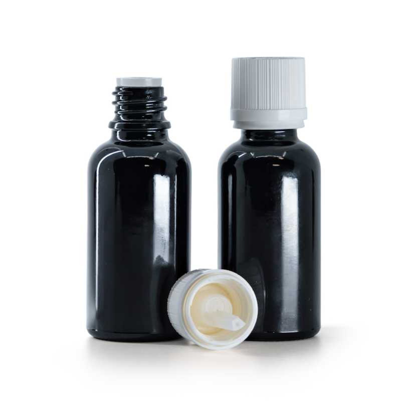 Fényes fekete üvegpalack, fehér gyári zárókupak cseppentőbetéttel, 30 ml