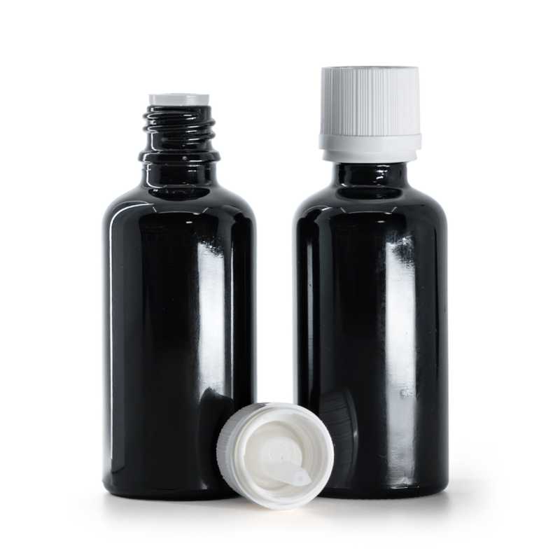 Fényes fekete üvegpalack, fehér garanciazáras cseppentős kupak, 50 ml