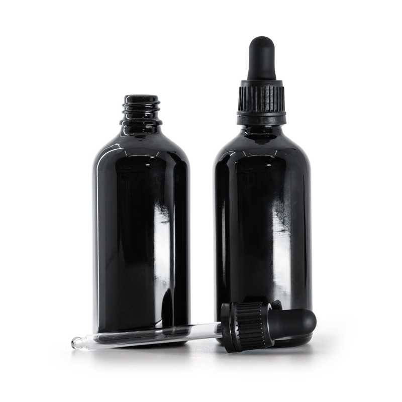 Fekete, fényes üvegpalack, fekete, garanciazáras cseppentő, 100 ml