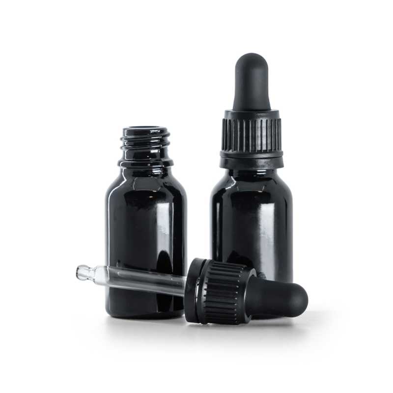 Fényes fekete üvegpalack, fekete garanciazáras cseppentő, 15 ml