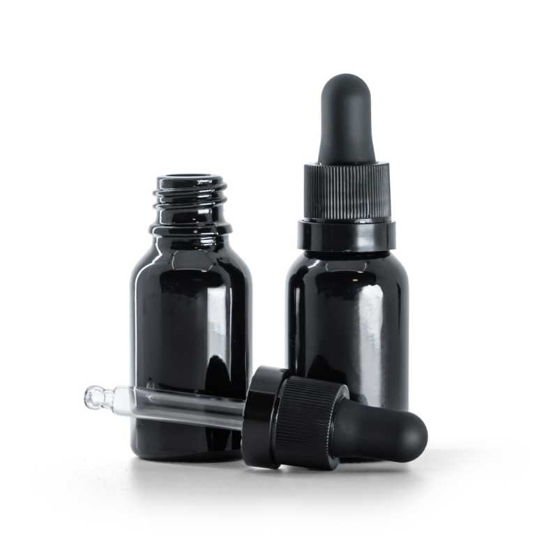 Fényes fekete üvegpalack, matt fekete pipetta fényes gyűrűvel, 15 ml