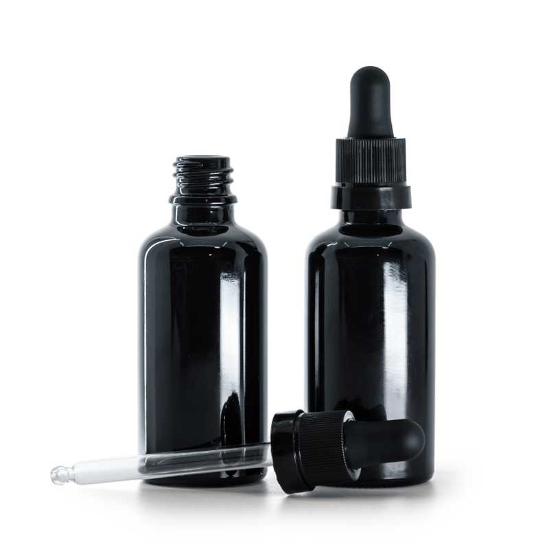 Fényes fekete üvegpalack fekete cseppentővel fényes gyűrűvel 50 ml