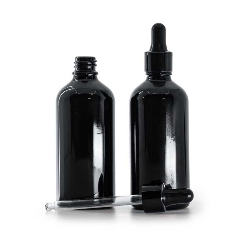 Fekete, fényes üvegpalack, fekete, fényes pipettás kupak, 100 ml